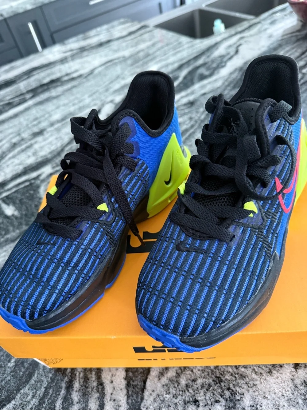 Nike LeBron WitnessBlue Sneakers with Neon Green and Pink Accents. Kids!